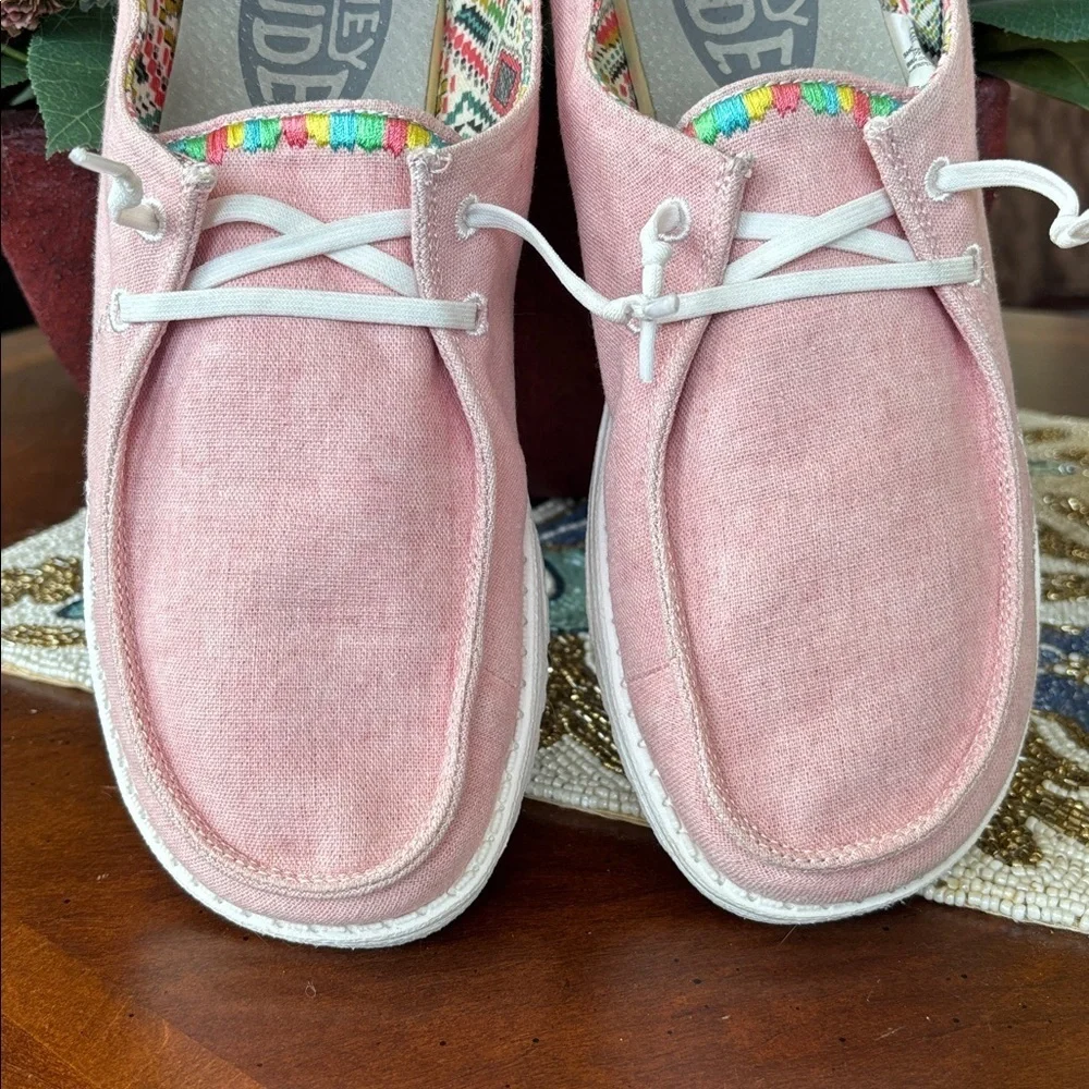 Hey Dude Wendy Boho Rose Pink Lightweight Slip-On Canvas Sneakers Colorful Trim